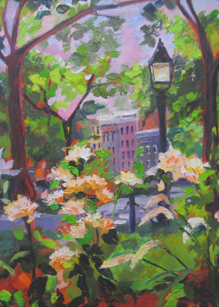 Impressionist park painting poster with a colorful painting of flowers, trees and a street lamp in a park