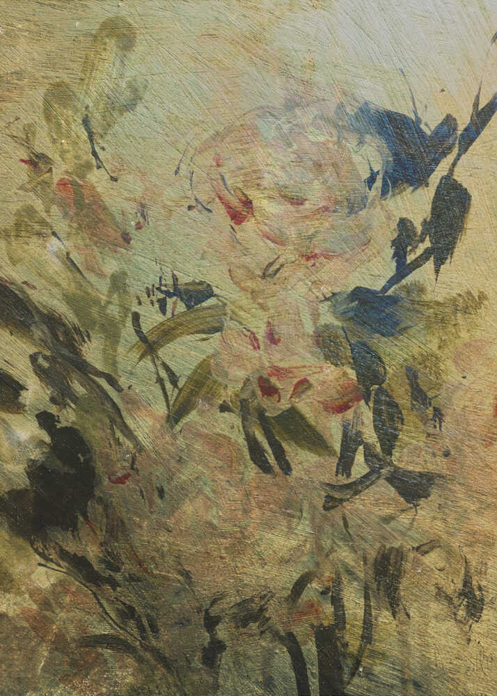 Impressionist roses painting poster with an impressionistic floral painting of soft pink and white roses with dark leaves