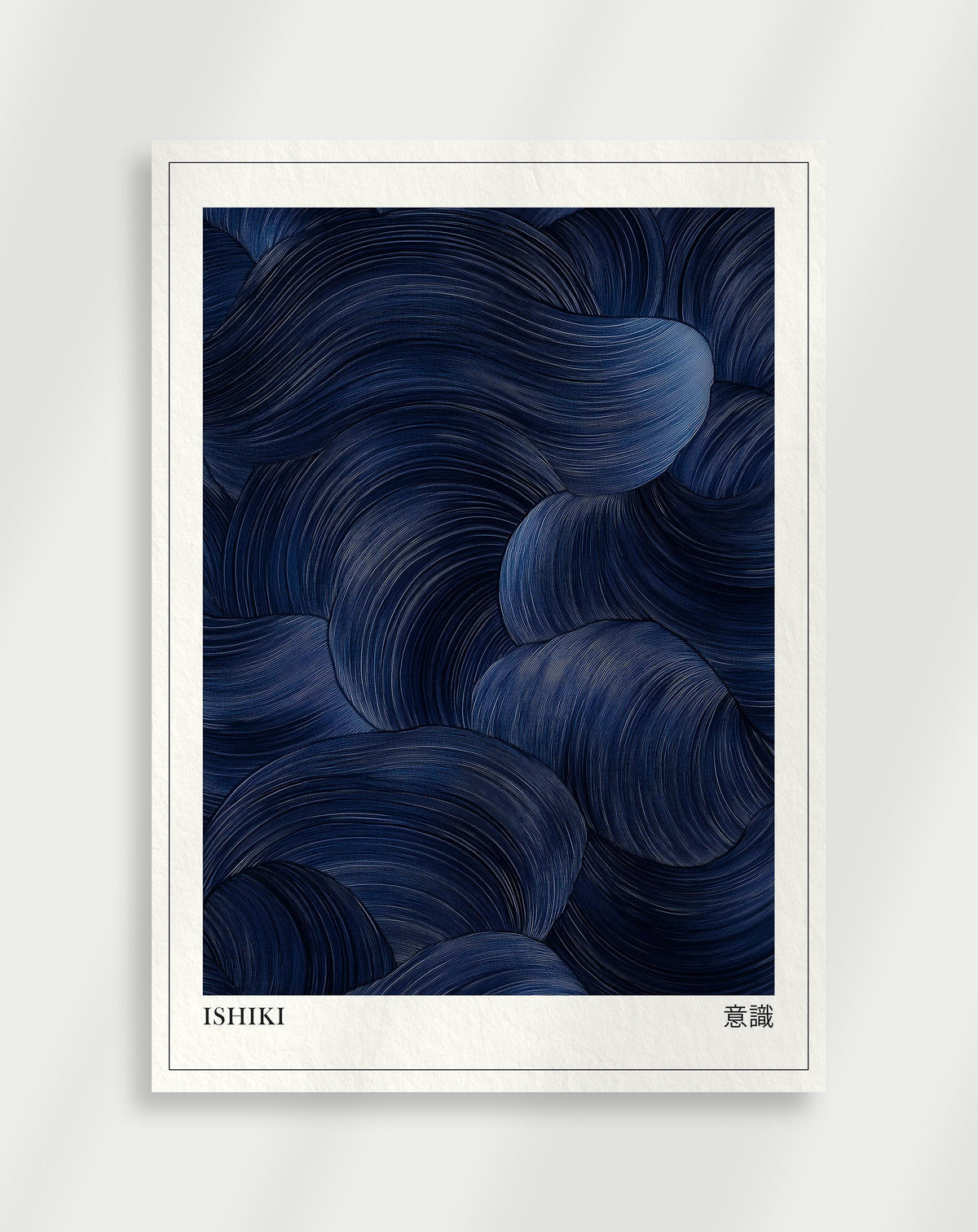 Ishiki poster with dark blue abstract wavy lines and Japanese characters