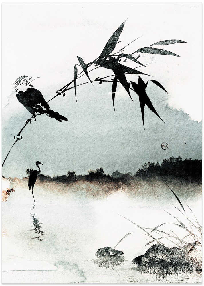 Japandi bamboo bird and heron poster with a perched bird, heron and ink bamboo