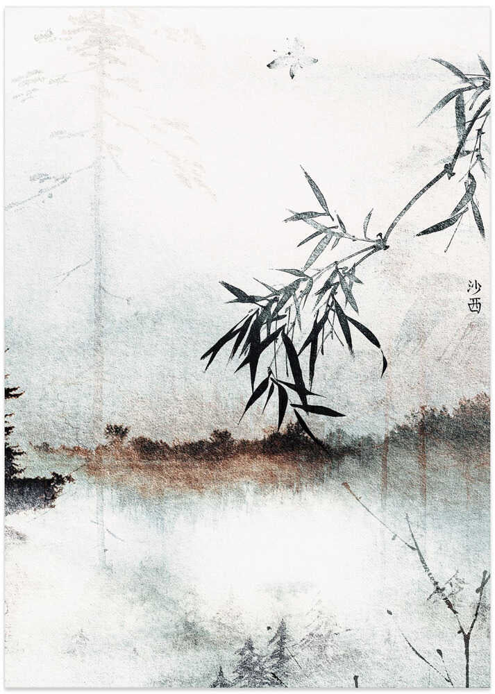 Japandi bamboo mist poster with black ink bamboo over a pale misty landscape