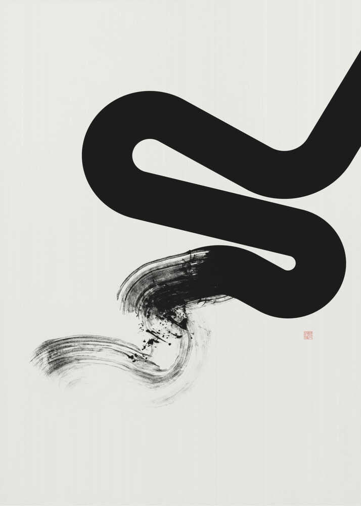 Japandi black brushstroke poster with a bold S-curve on white