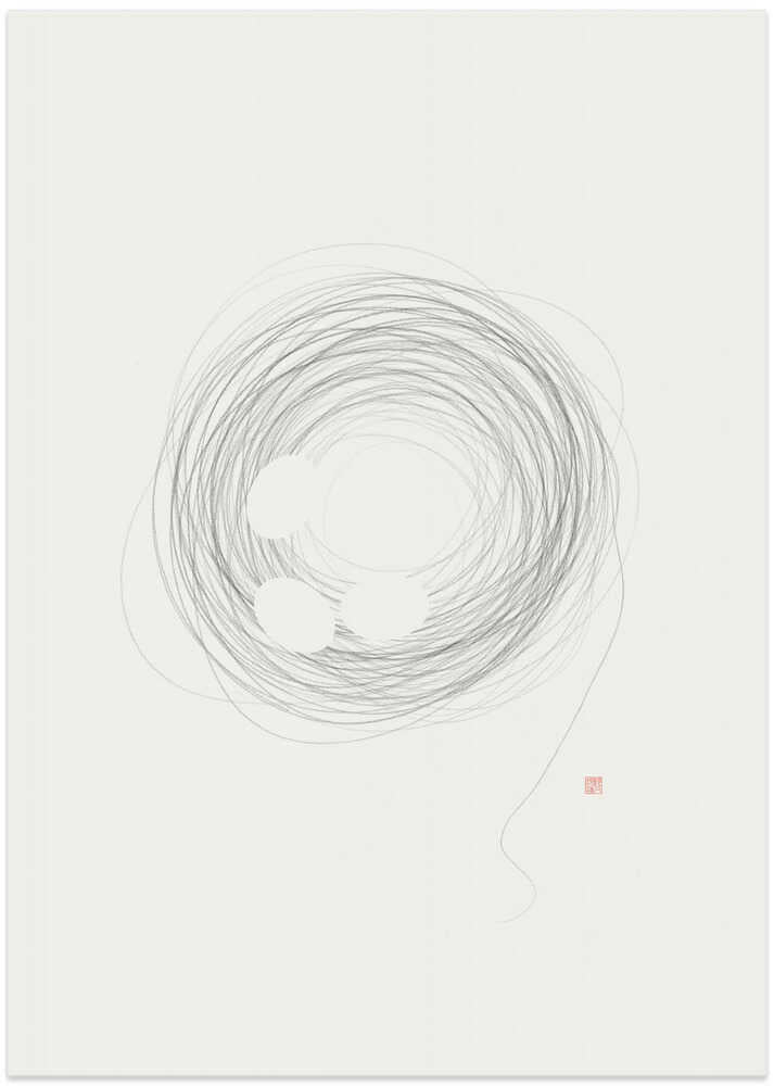 Japandi circles poster with swirling gray lines and three white circles on pale