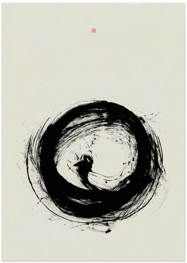 Japandi enso poster with a bold black ink circle and a small red seal