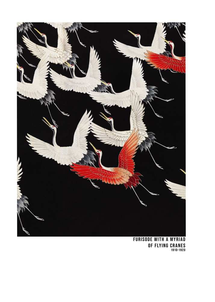 Japandi flying cranes poster with white and red cranes on black, Furisode 1910-1920