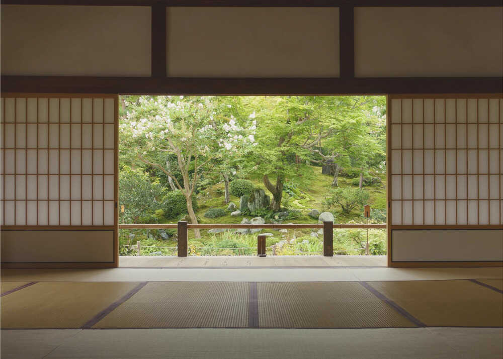 Japandi garden view poster with tatami, open shoji and a green Japanese garden