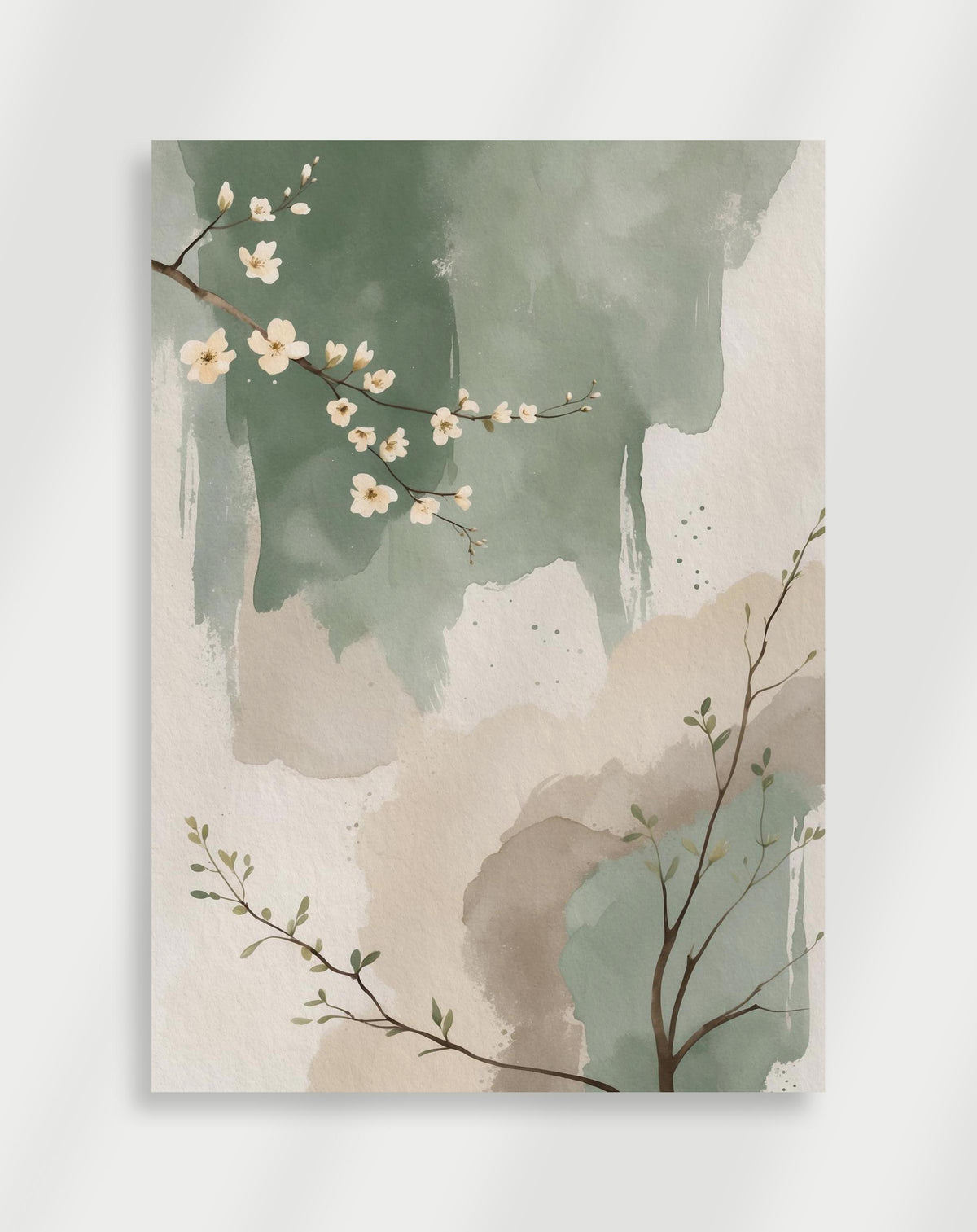 Japandi green wash blossom poster with a branch of white flowers over green and beige washes