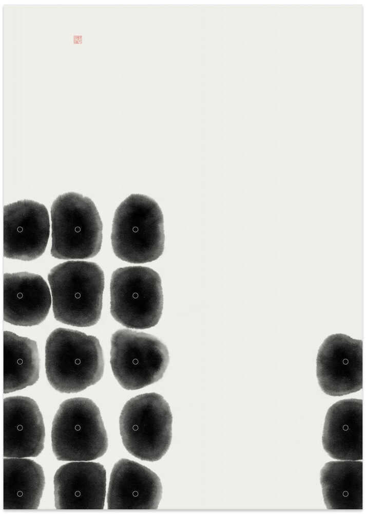 Japandi ink dots poster with black ink circles arranged in a pattern and a small red seal