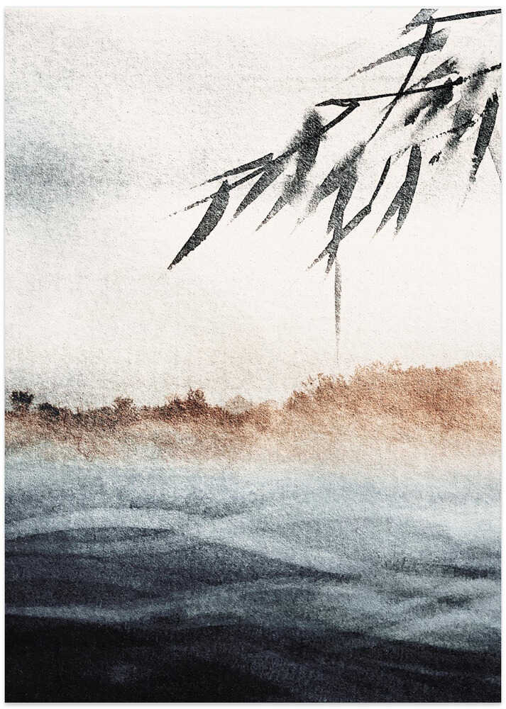 Japandi ink landscape poster with black brushstrokes over layered blue and brown washes