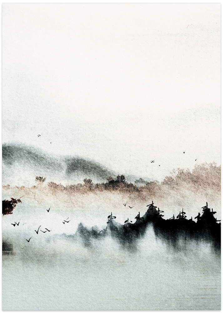 Japandi misty mountains poster with dark tree silhouettes and flying birds