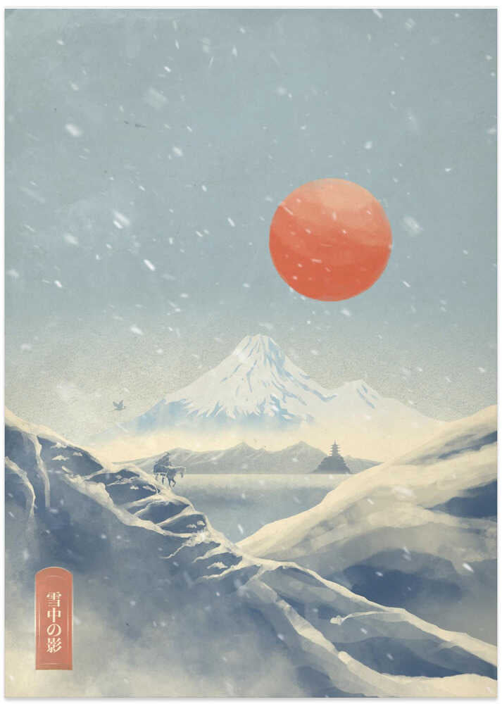 Japandi Mount Fuji red sun snow poster with a red sun over snowy peaks and falling snow