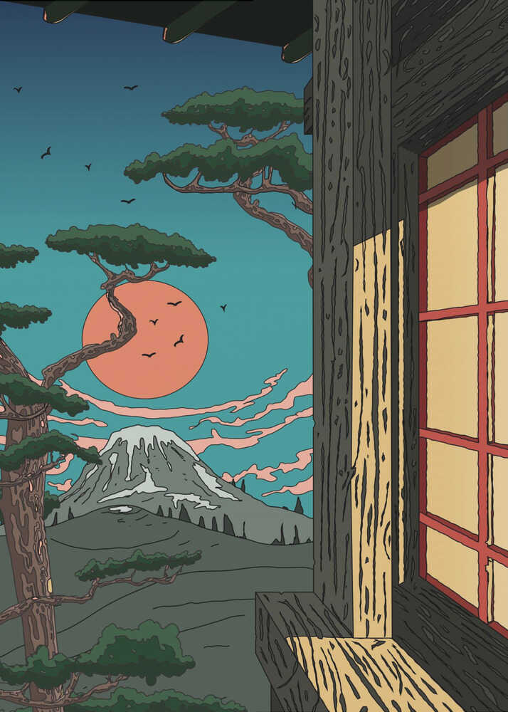Japandi Mount Fuji poster with pines, a peach sun and a wooden window