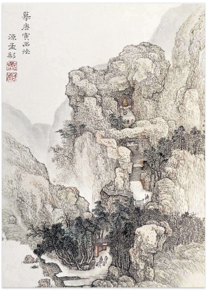Japandi mountain stairs poster with rocky peaks, a staircase and a small temple