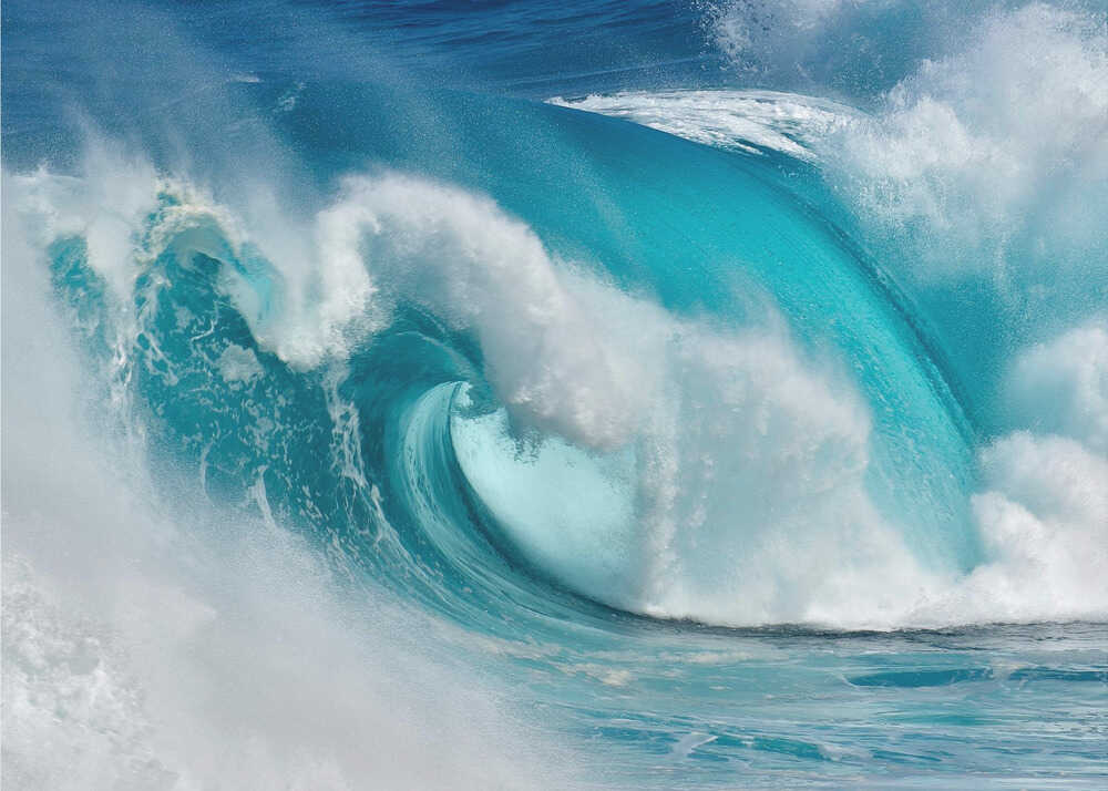 Japandi ocean wave poster with a large turquoise curling wave and white foam