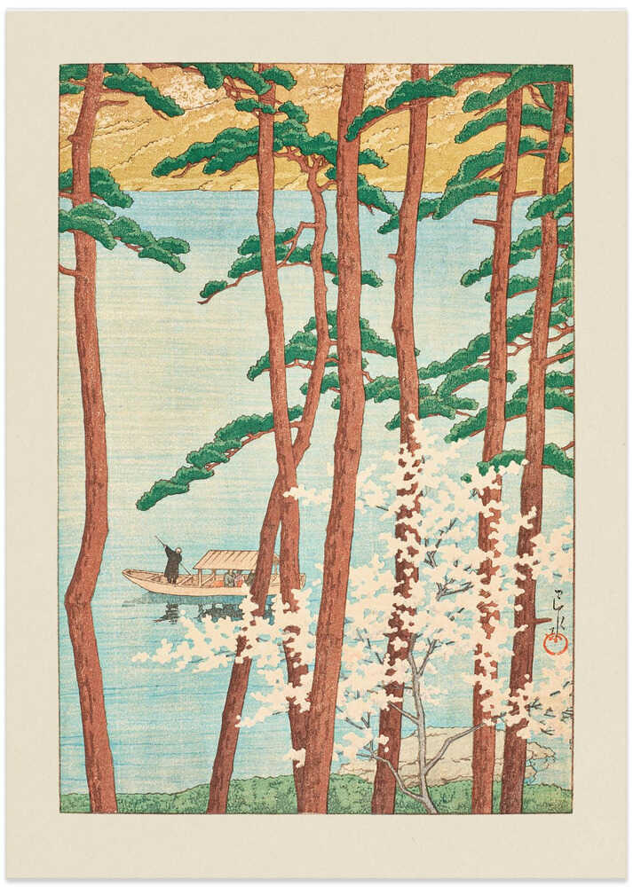 Japandi pine boat poster with tall trees framing a boat and white blossoms