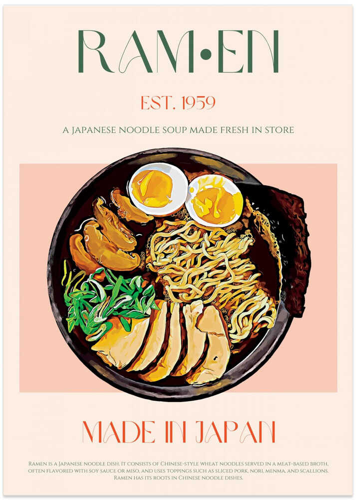 Japandi ramen poster with a bowl of noodles, eggs and pork, Made in Japan
