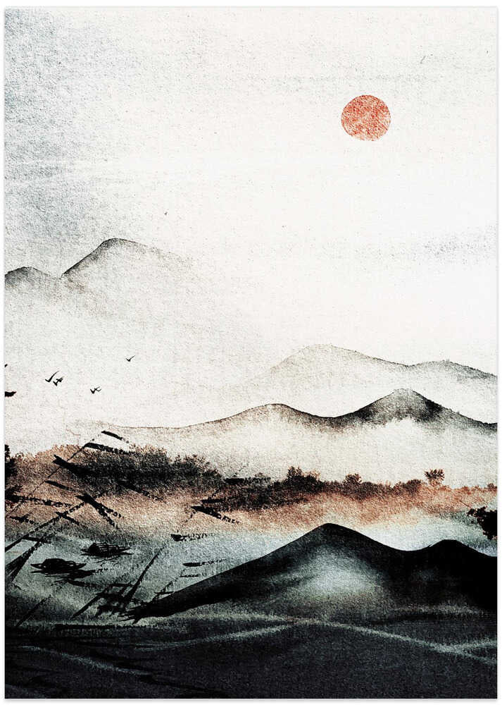 Japandi red sun mountains poster with a red circle over layered ink mountains