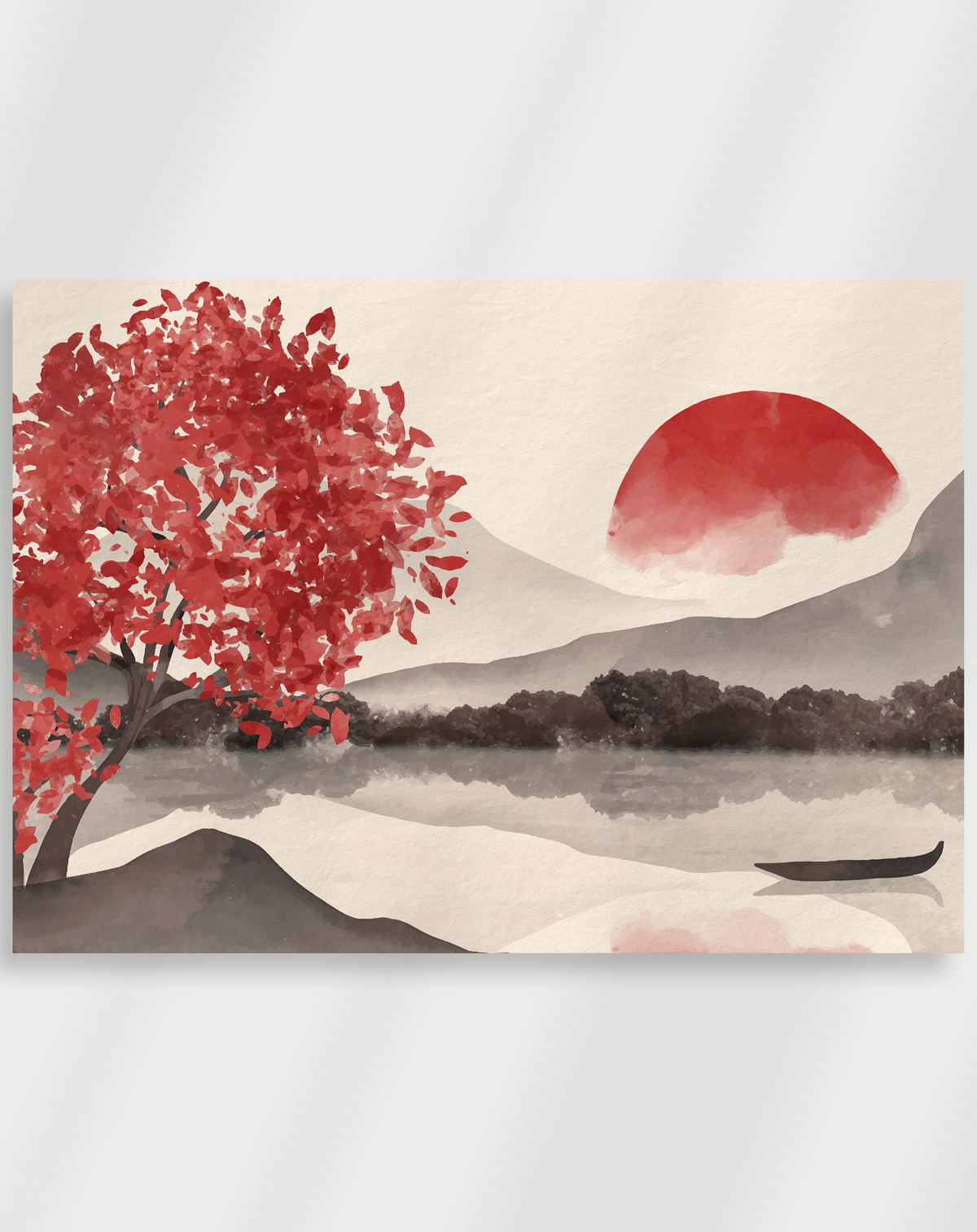 Japandi red tree and sun poster with a red tree, red sun, mountains and a small boat