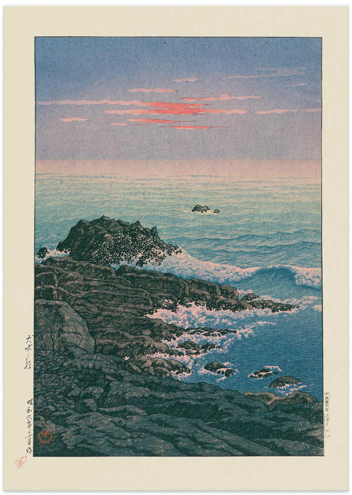 Japandi rocky shore poster with dark rocks, crashing waves and a pink-tinged sky