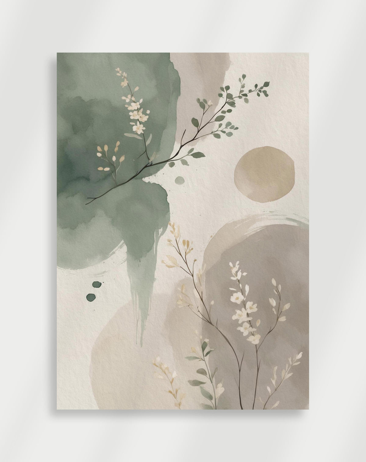 Japandi soft botanical poster with green washes, white flowers and a beige circle