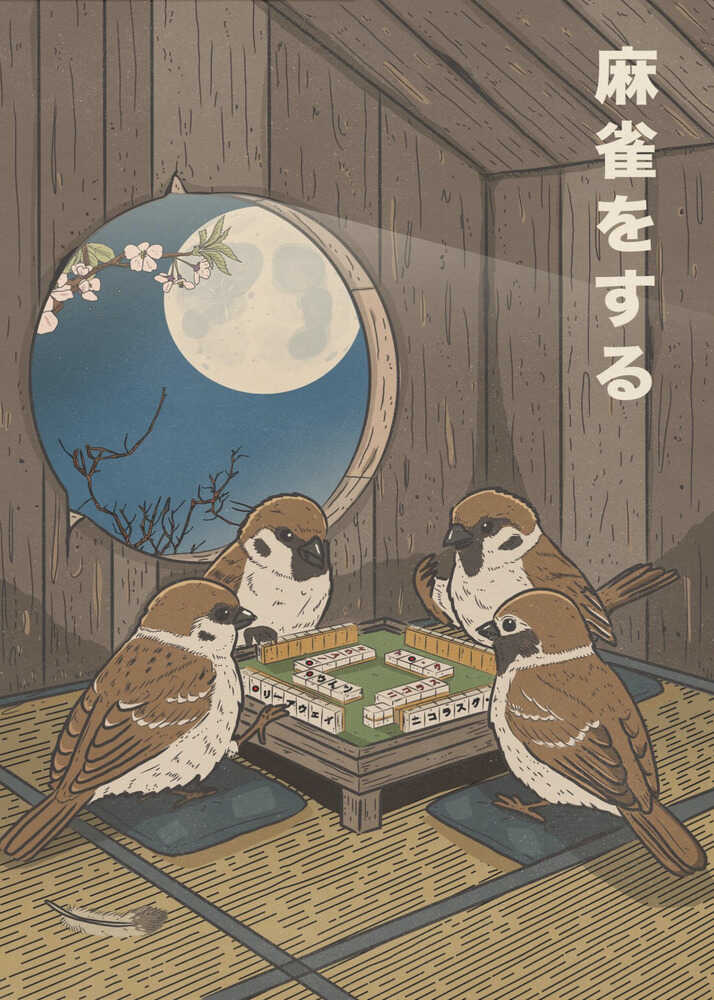 Japandi sparrows playing mahjong poster with four birds, a moon and cherry blossoms