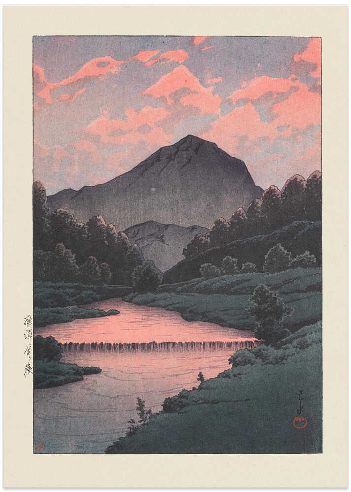 Japandi sunset river poster with a dark mountain and pink reflections on the water