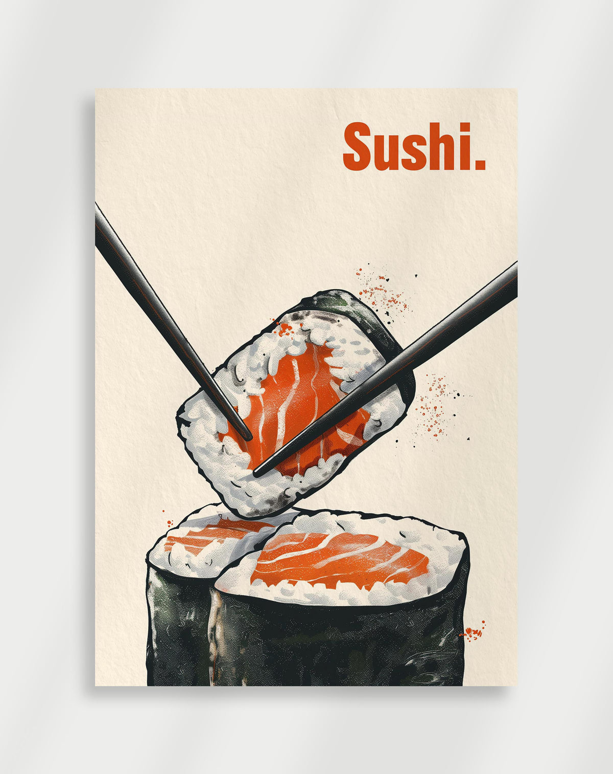 Japandi sushi rolls poster with chopsticks lifting a sushi roll and the word Sushi