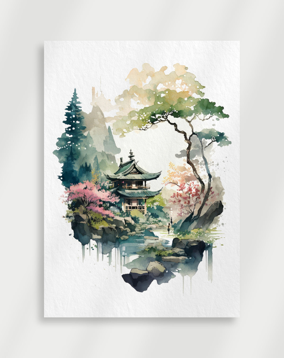 Japandi temple landscape poster with a Japanese pavilion, pines, blossoms and a stream