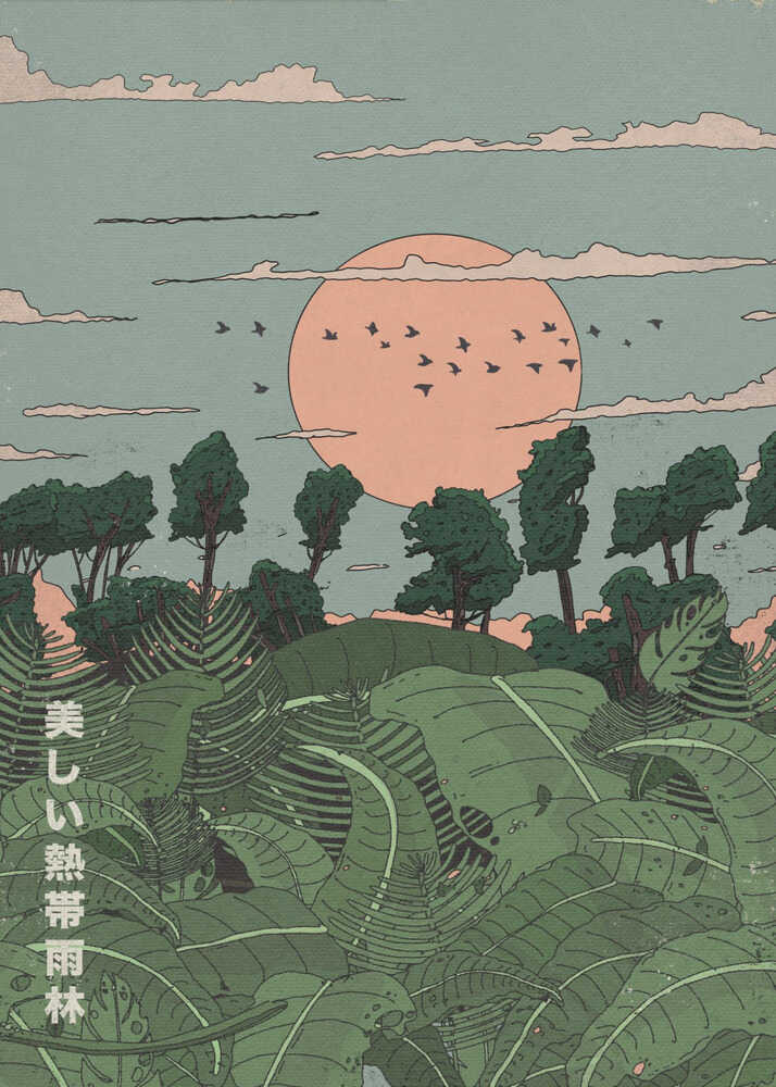 Japandi tropical forest poster with green leaves, trees and a peach sun