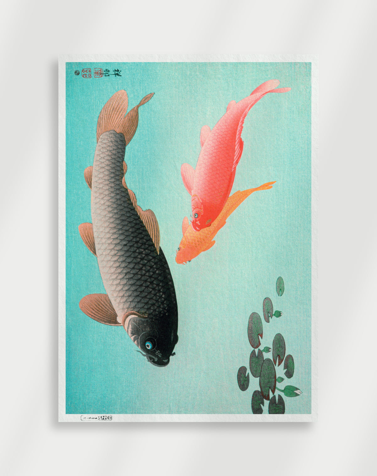 Japandi two koi poster with a dark koi, an orange koi and lily pads