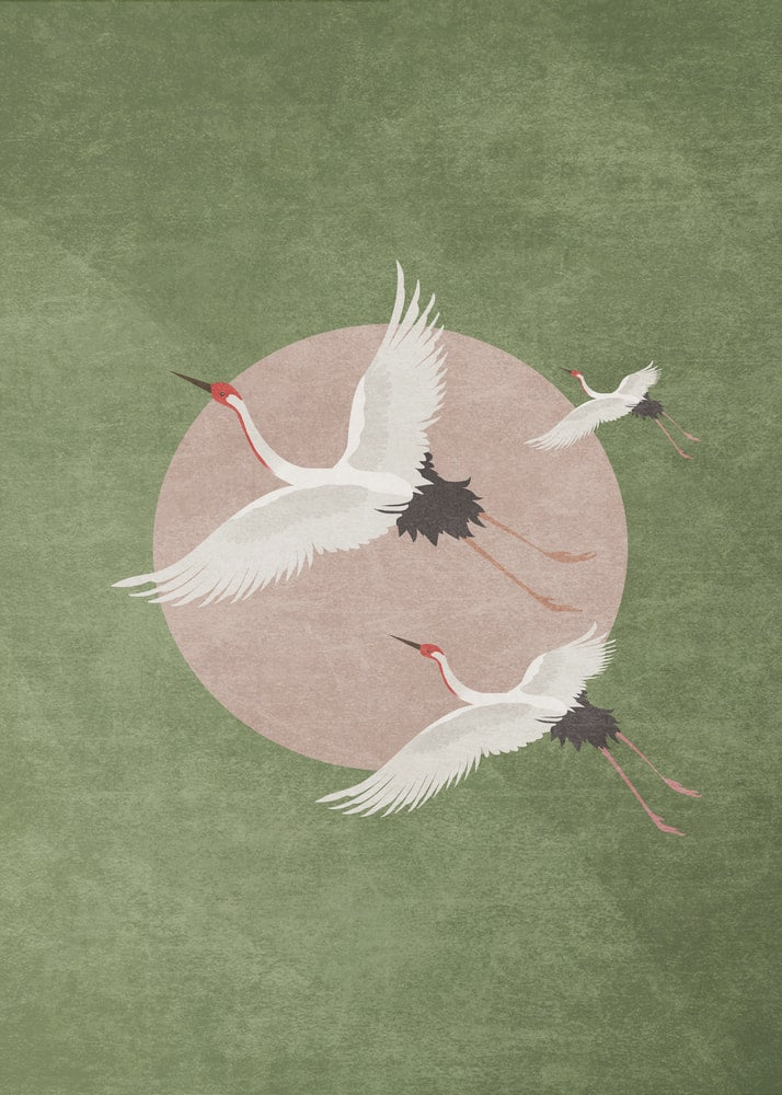 Japanese cranes poster with three white cranes and a pink circle on sage green