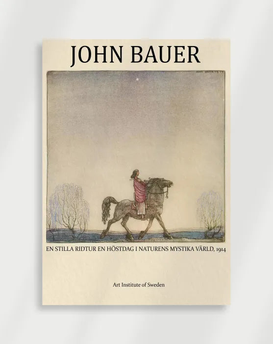 John Bauer en stilla ridtur en hostdag poster with a John Bauer illustration of a figure riding a horse in a misty landscape