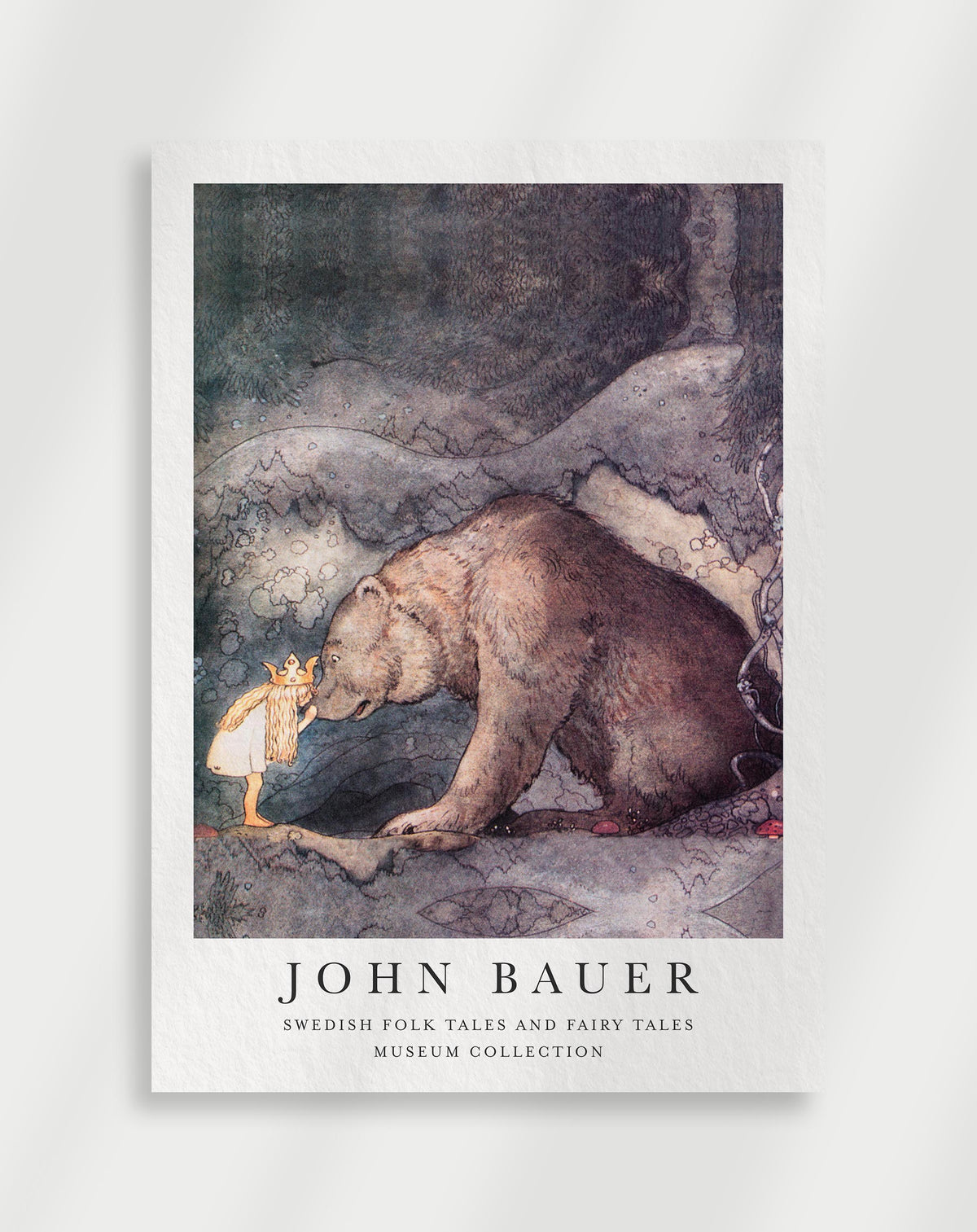 John Bauer Swedish folk tales bear girl poster with a John Bauer illustration of a large bear and a small girl in a crown in a forest
