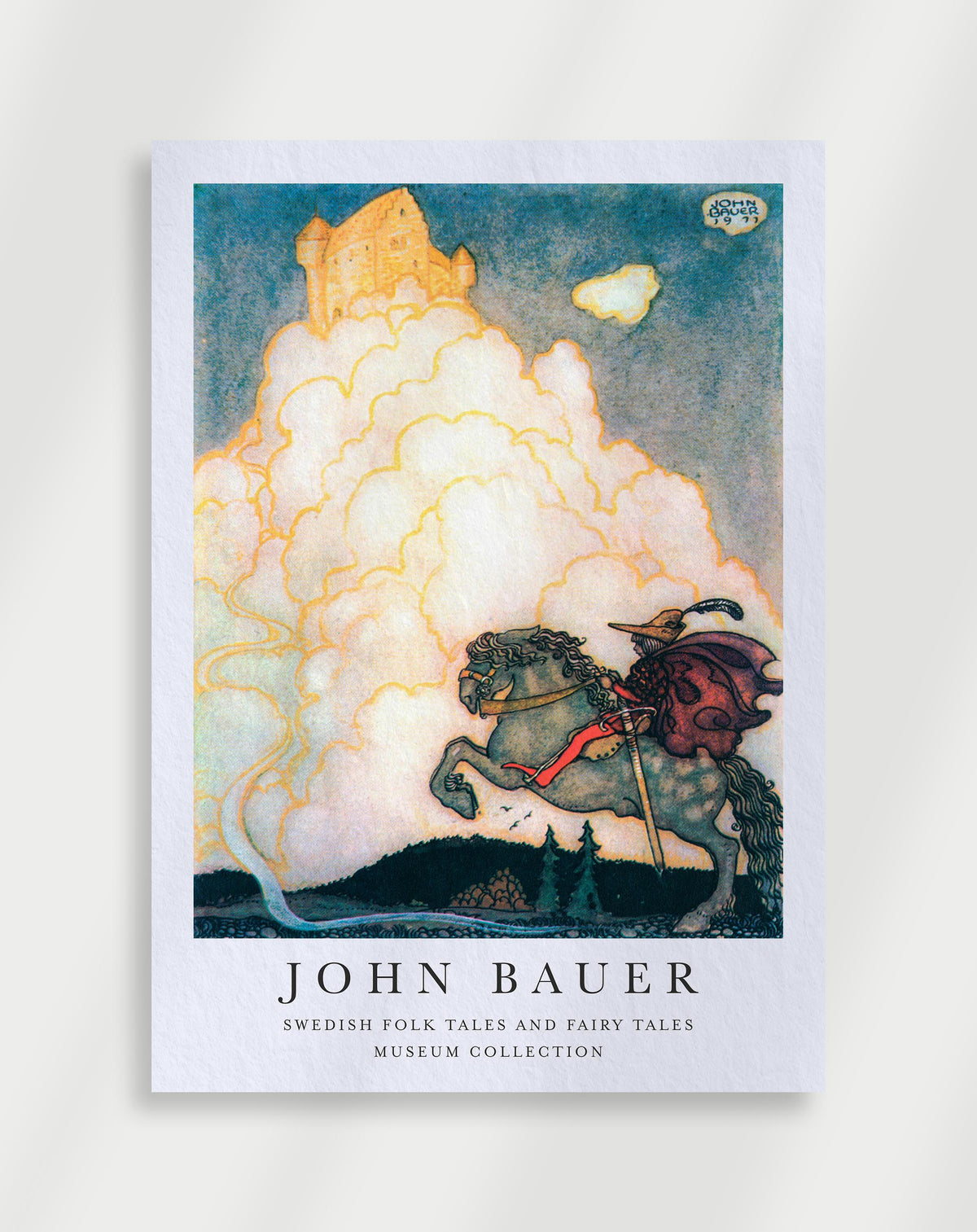 John Bauer Swedish folk tales knight castle poster with a John Bauer illustration of a knight riding a horse towards a golden castle in the clouds