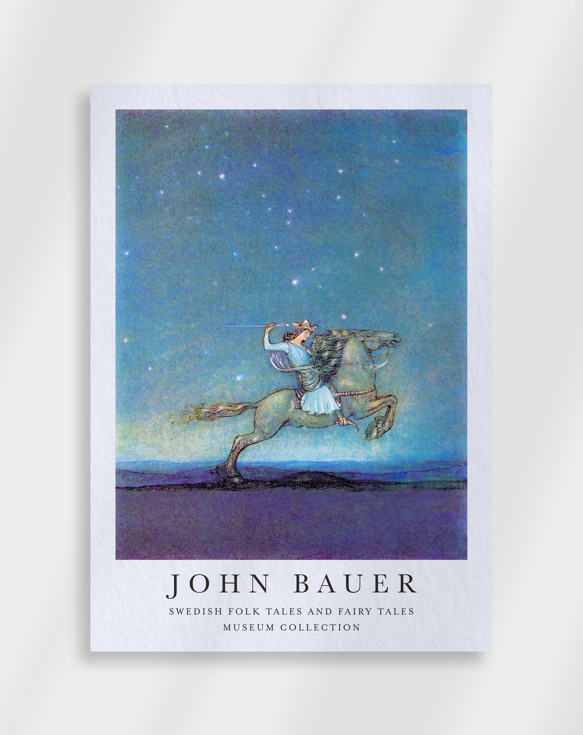John Bauer Swedish folk tales rider stars poster with a John Bauer illustration of a figure riding a rearing horse under a starry sky
