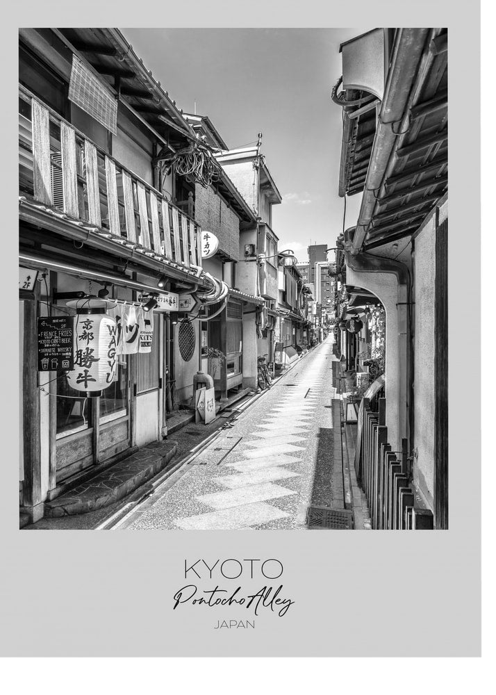 Kyoto Pontocho Alley poster with a black and white view of the alley and the text Kyoto Pontocho Alley Japan