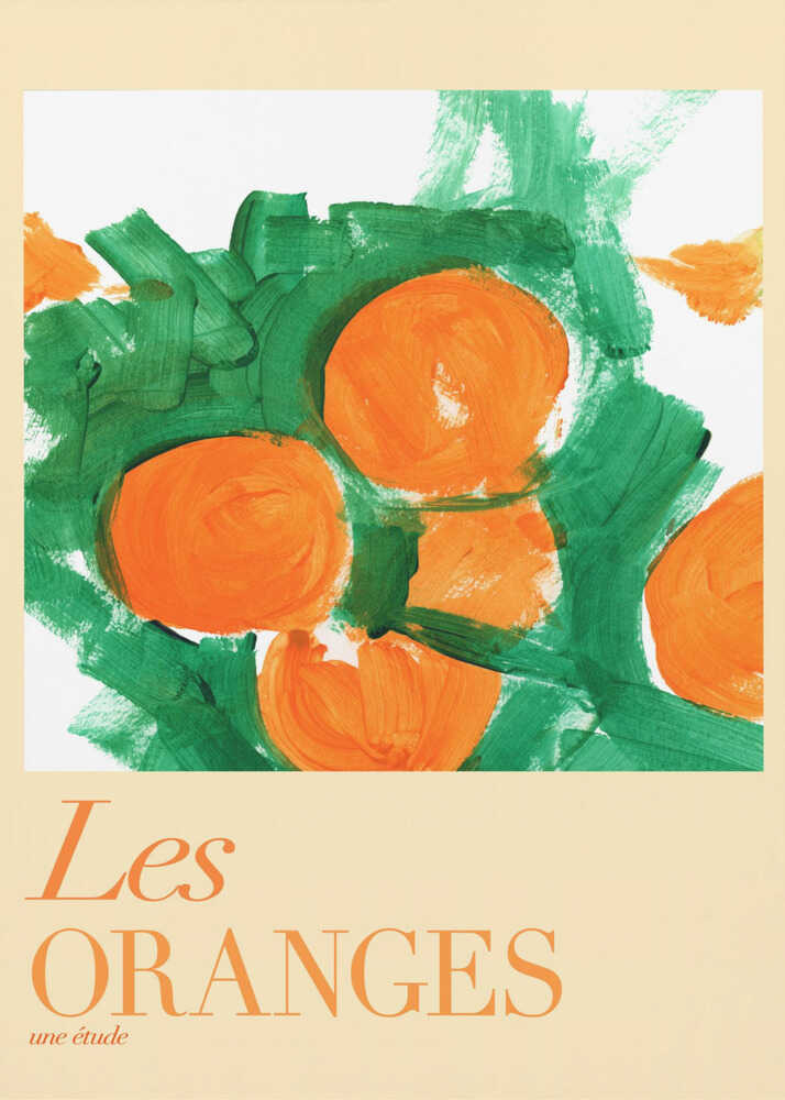 Les Oranges poster with a graphic poster of painterly orange fruits and green leaves titled Les Oranges