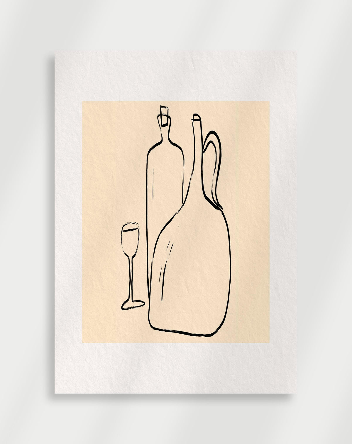 Line drawing bottles glass poster with a minimalist black line drawing of bottles and a wine glass on a beige background