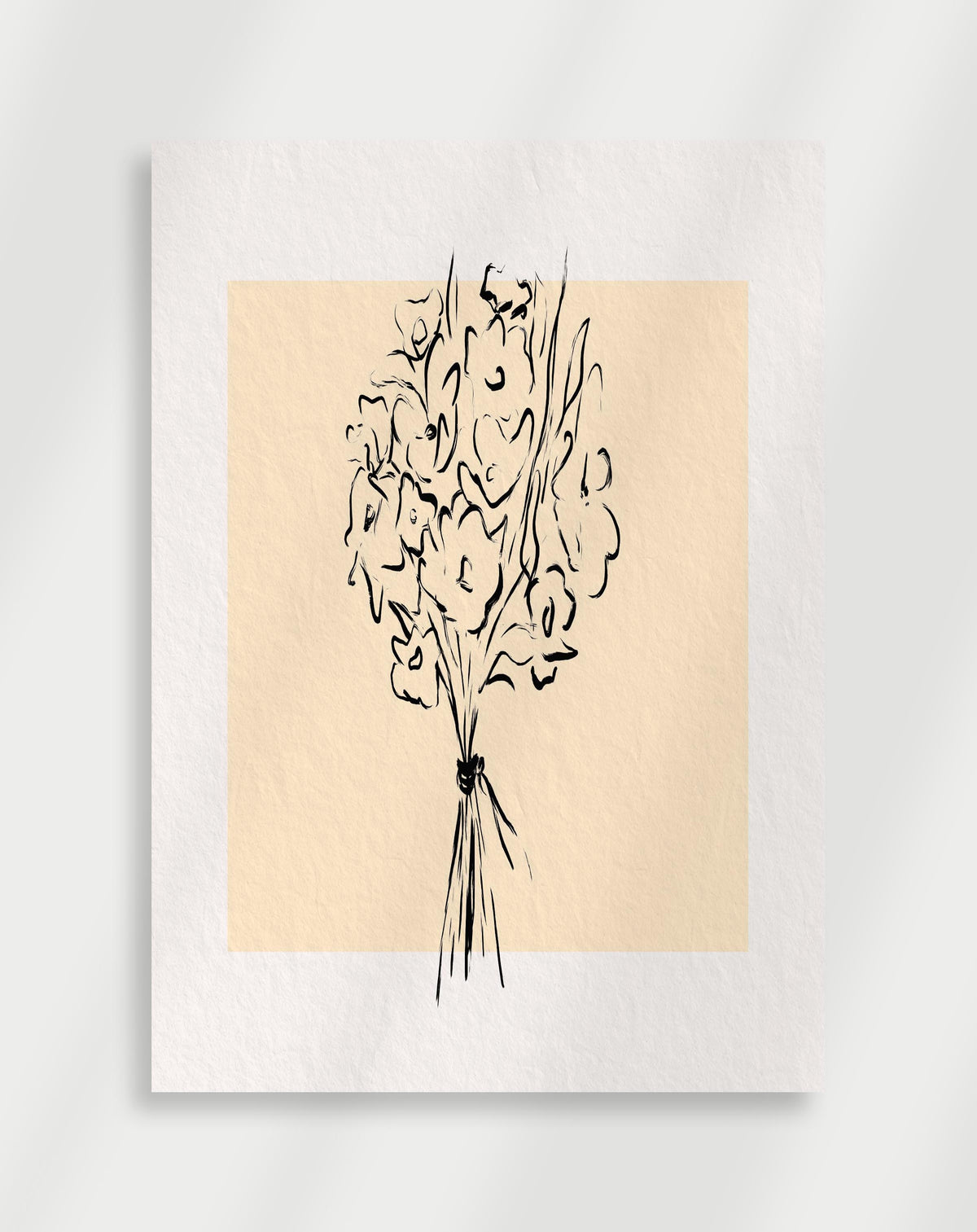 Line drawing flower bouquet poster with a minimalist black line drawing of a flower bouquet on a beige background