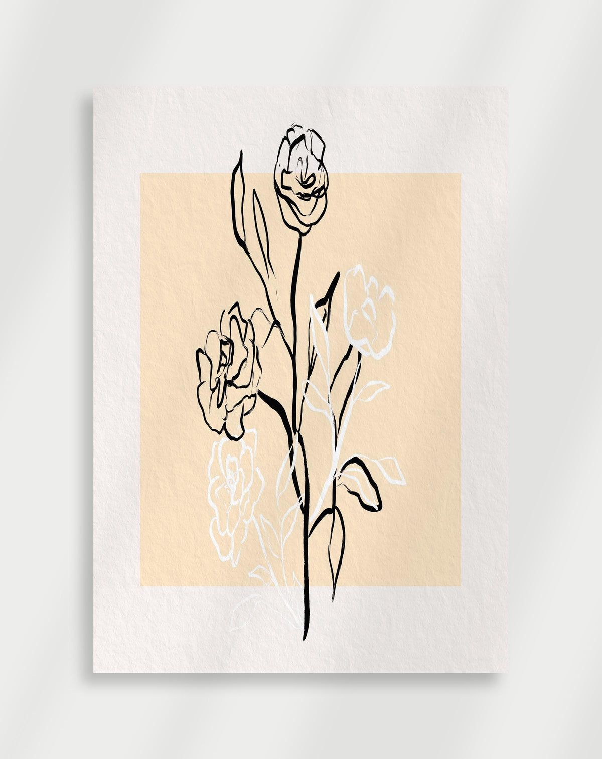 Line drawing flowers poster with a minimalist line drawing of flowers and stems in black and white on a beige background