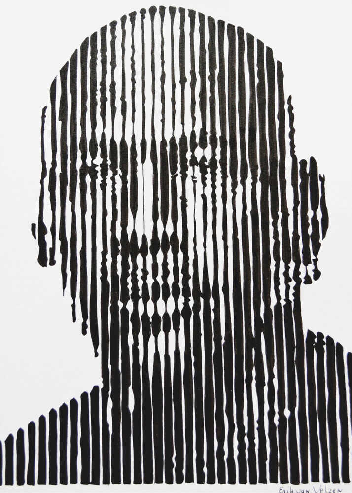 Line head poster with a black and white graphic of a head silhouette made of vertical lines