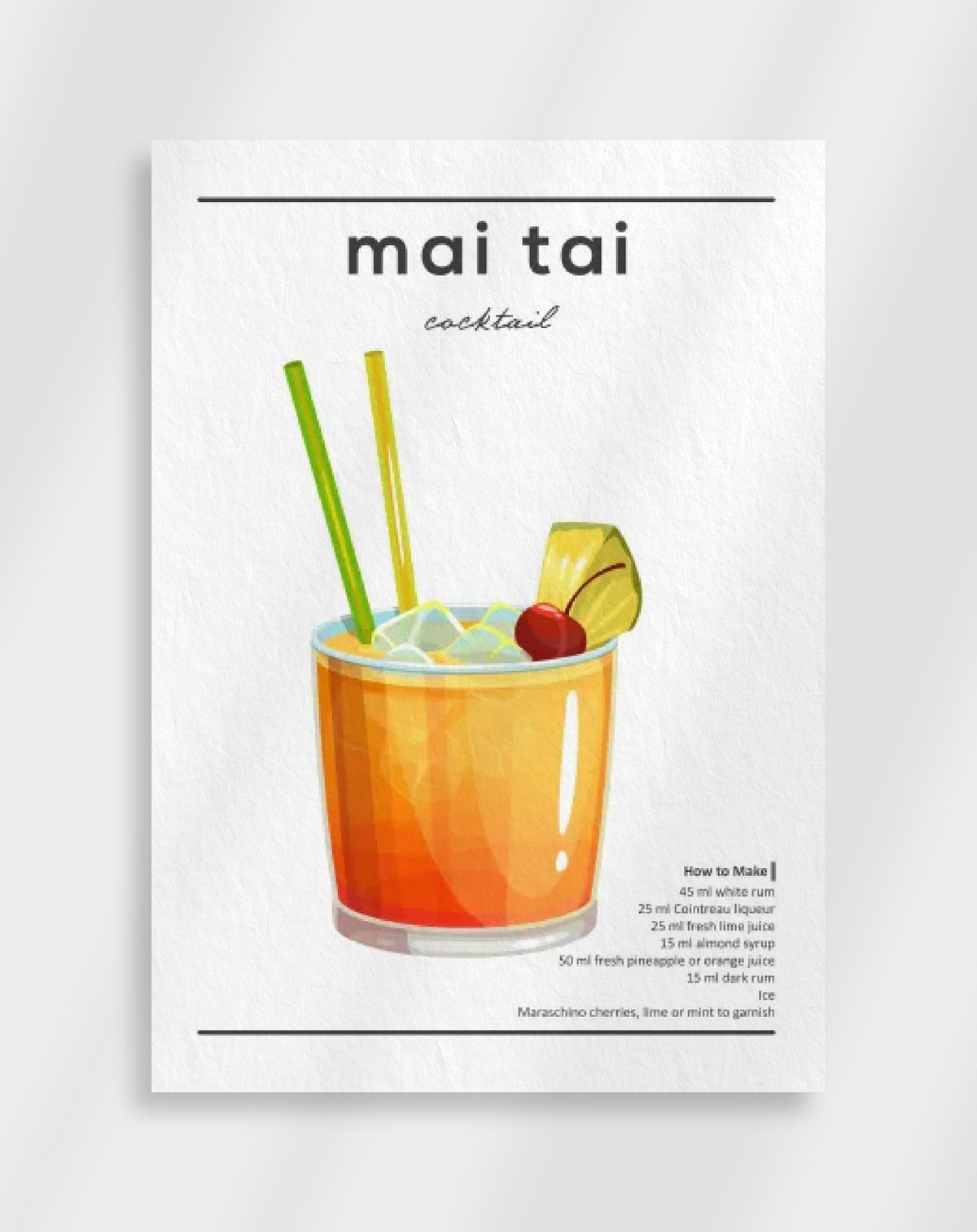 Mai tai cocktail poster with an illustration of a mai tai in a glass with pineapple, cherry and straws