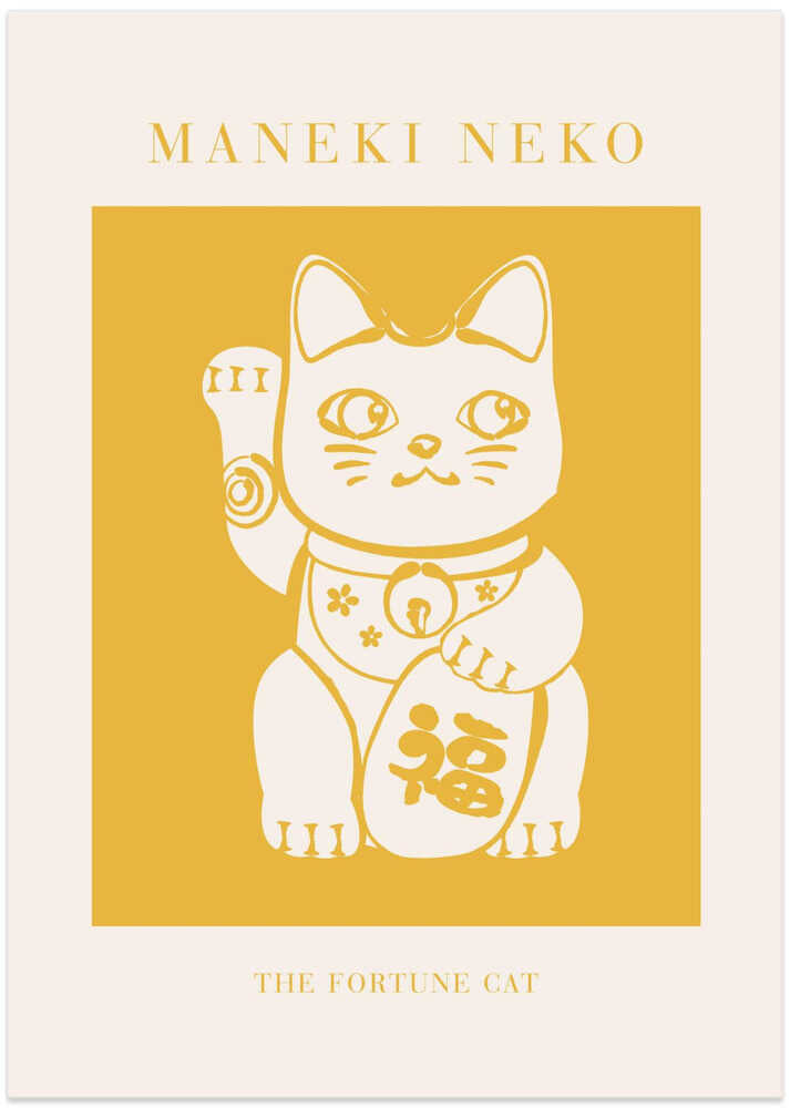 Maneki Neko gold poster with a cream fortune cat on a yellow ground