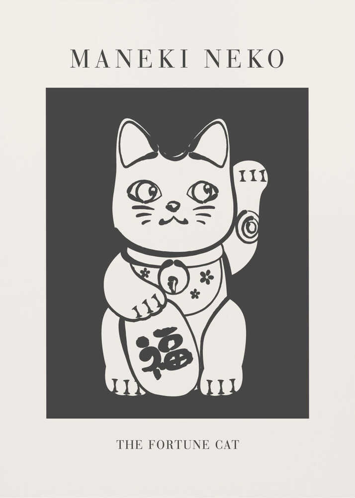 Maneki Neko poster with a black and white fortune cat raising one paw