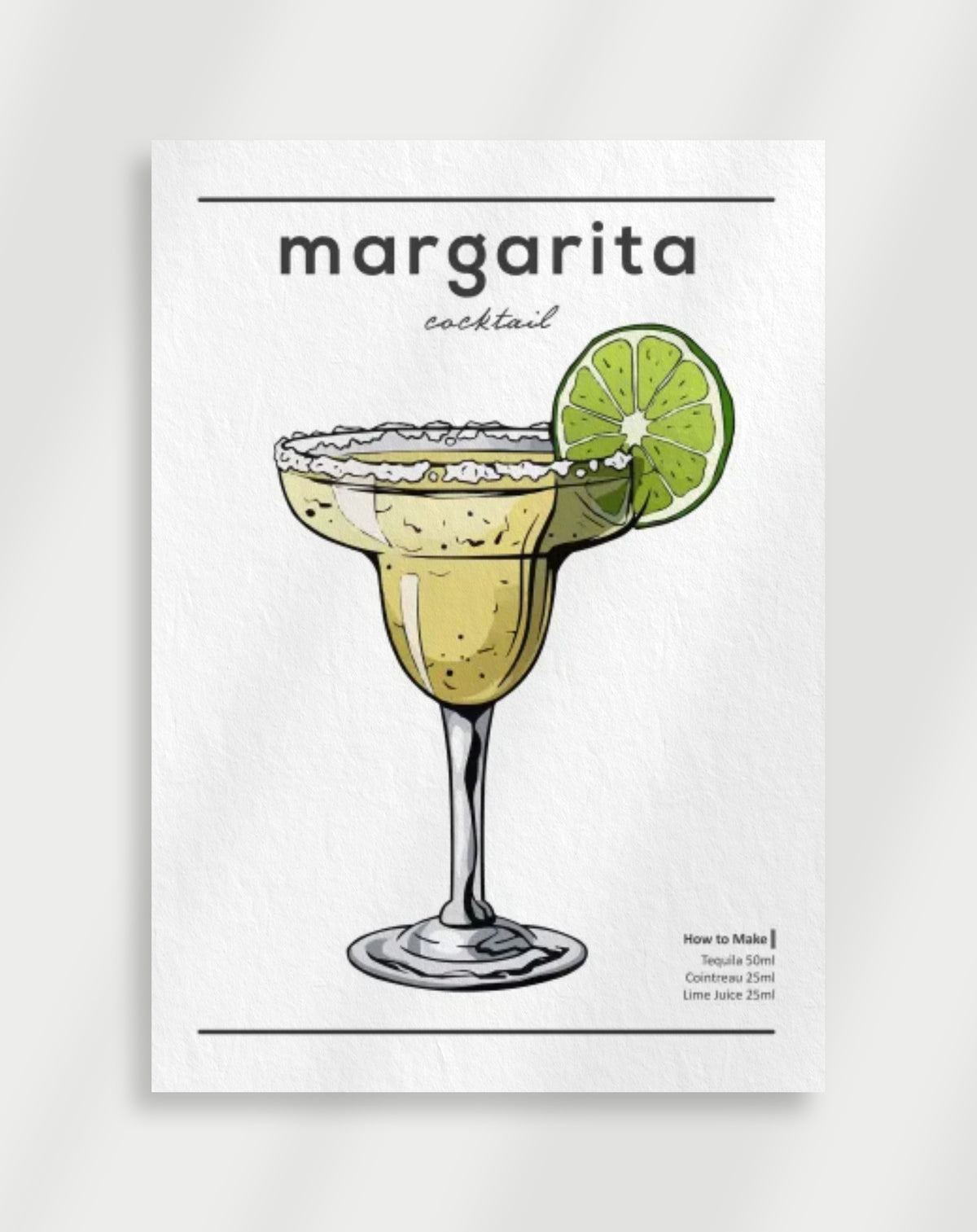Margarita illustration poster with a line drawing of a margarita in a glass with a salted rim and lime slice