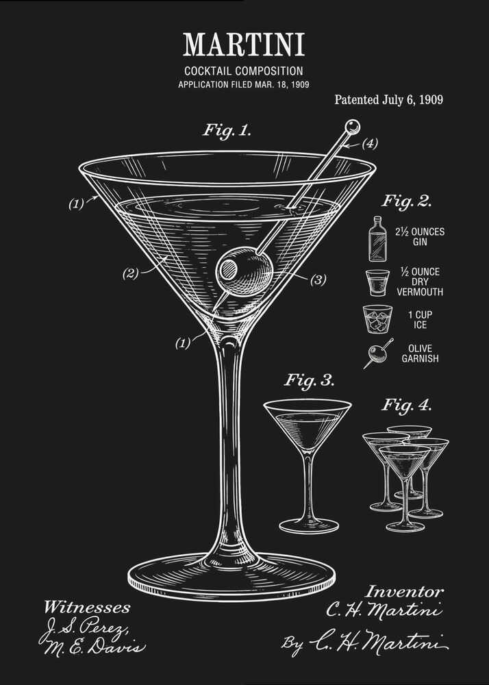 Martini patent poster with a black and white vintage patent illustration of a Martini cocktail with labeled diagrams and ingredients