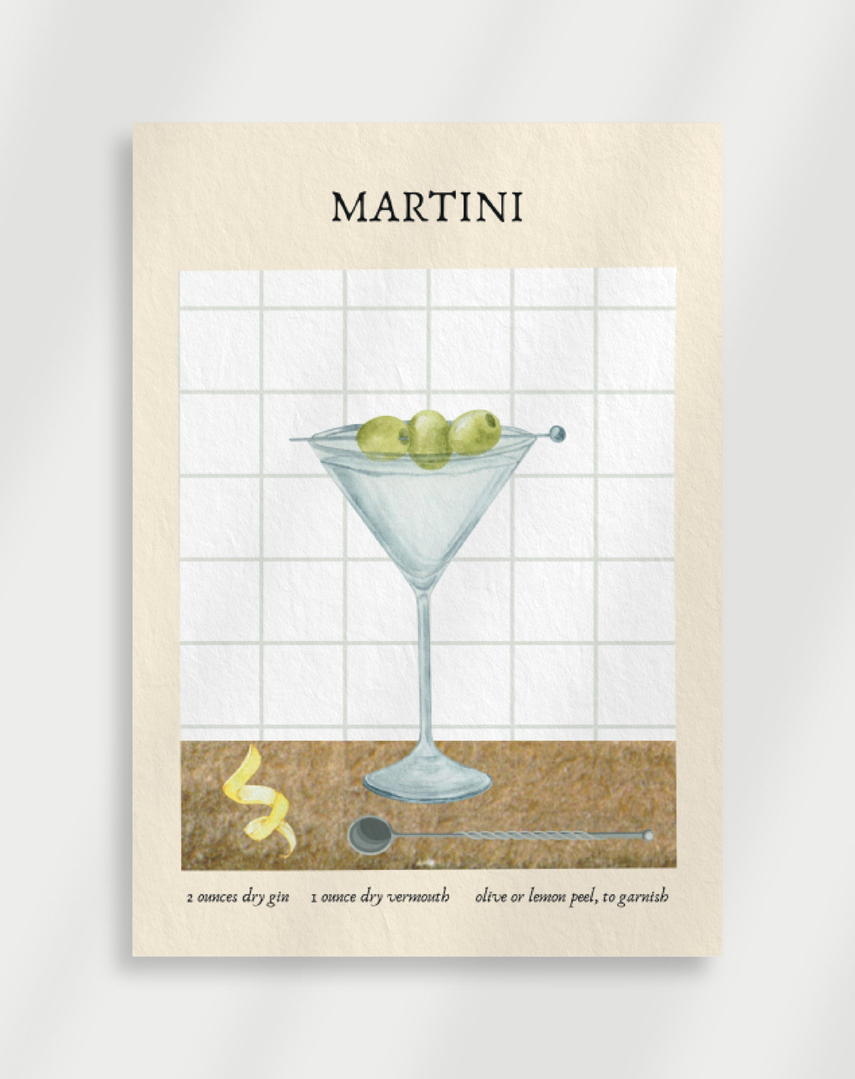 Martini watercolor poster with a watercolor of a martini glass with olives, a lemon peel and a bar spoon