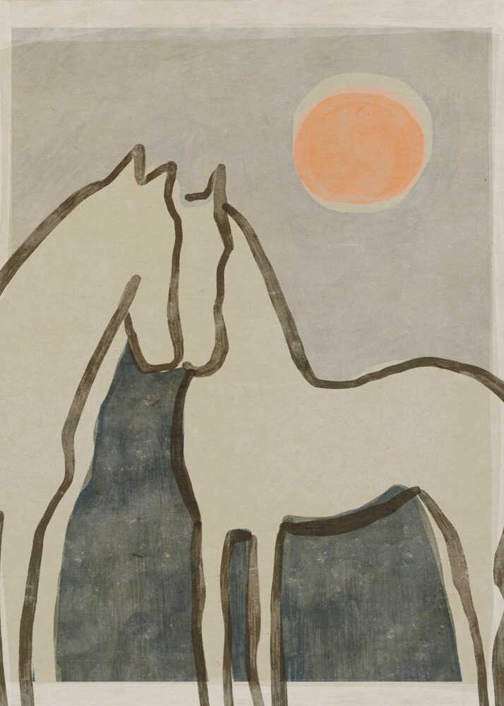 Minimalist abstract horses illustration poster with a minimalist abstract illustration of horse forms and an orange sun