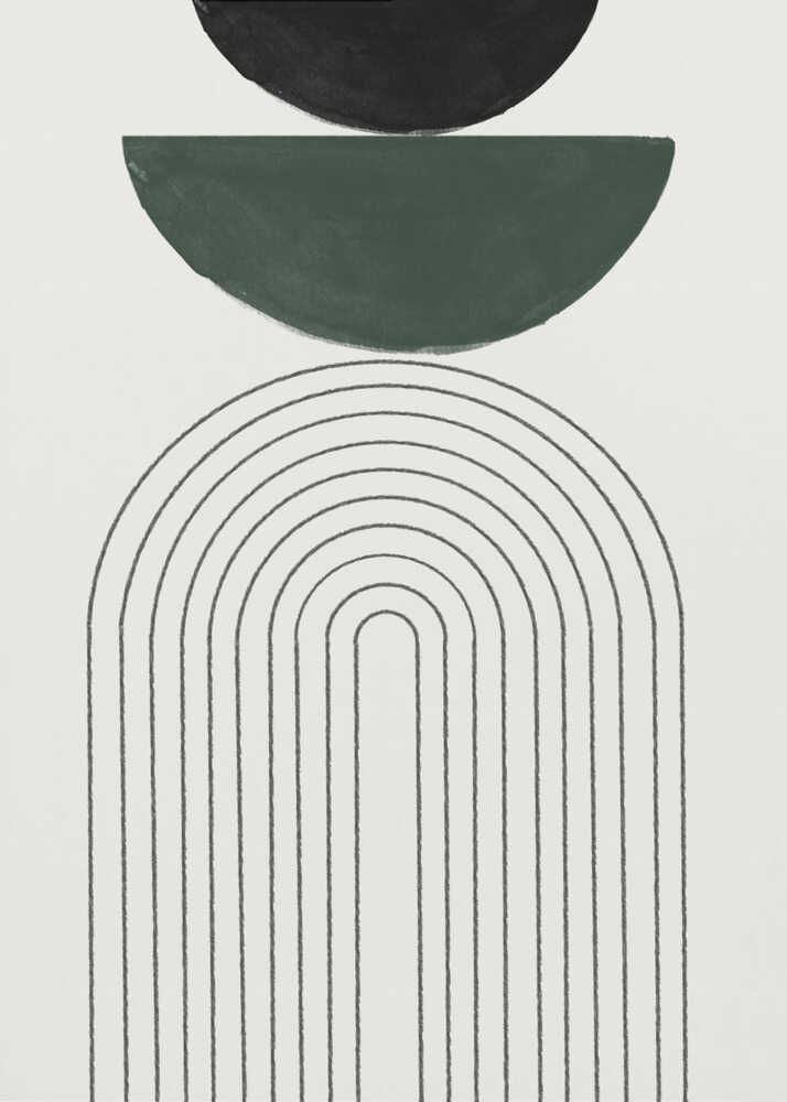 Minimalist arches poster with a black circle, green semicircle and concentric black arches on a light background