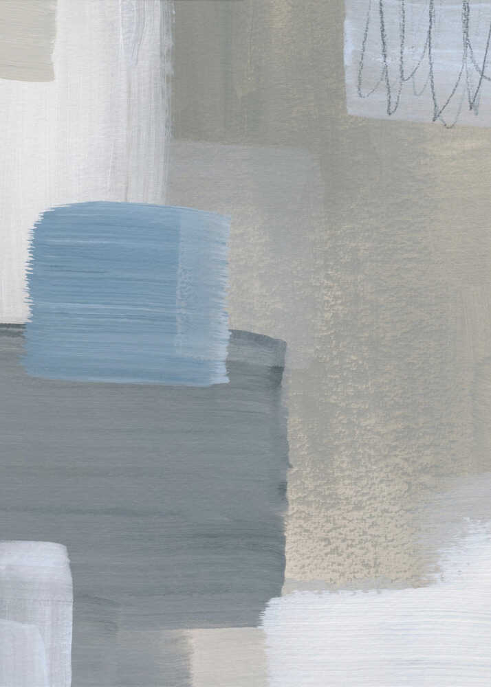 Minimalist muted abstract painting poster with a minimalist abstract painting of soft geometric blocks in muted blues grays and beiges